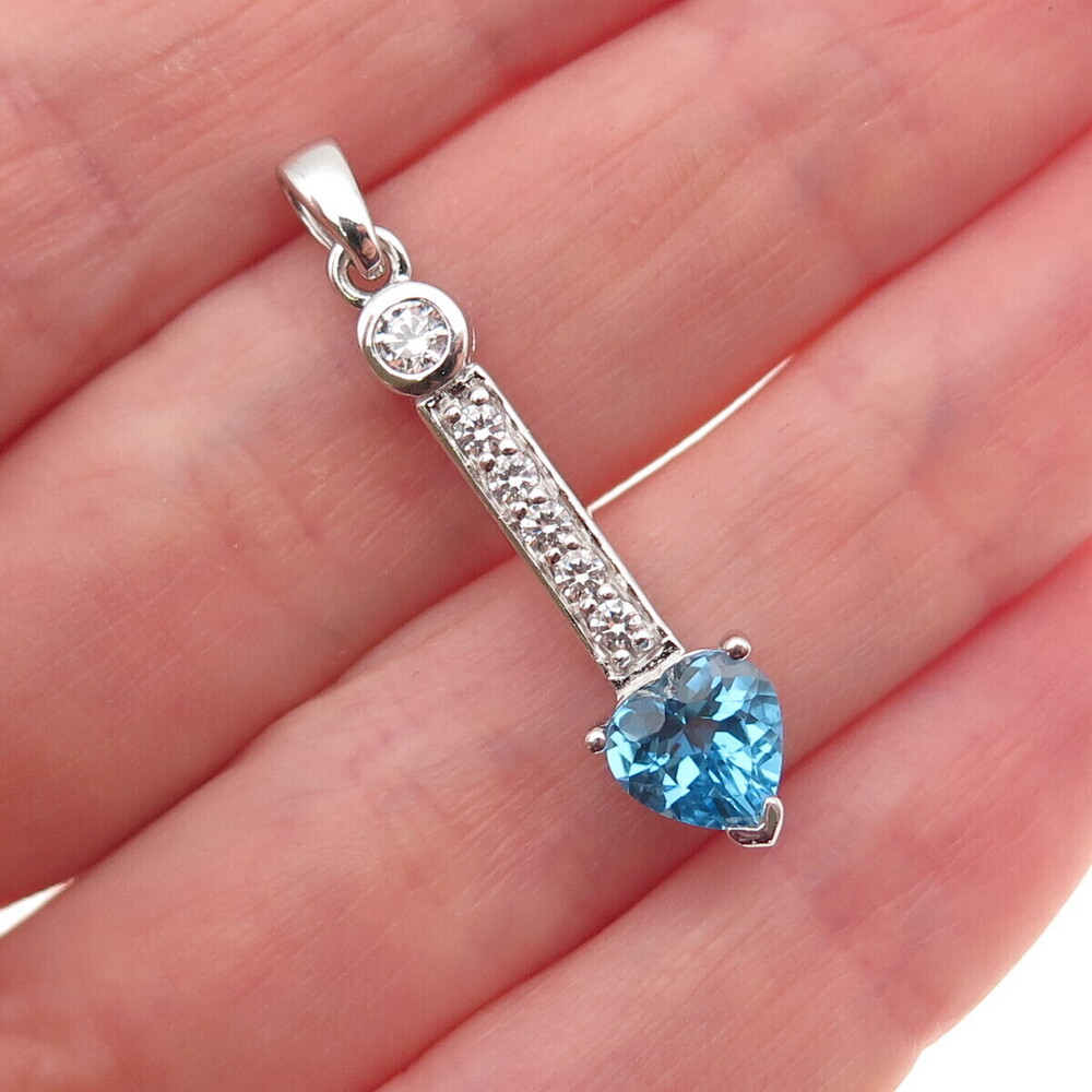 925 Sterling Silver Real Swiss Blue Topaz & C Z Heart Charm Pendant